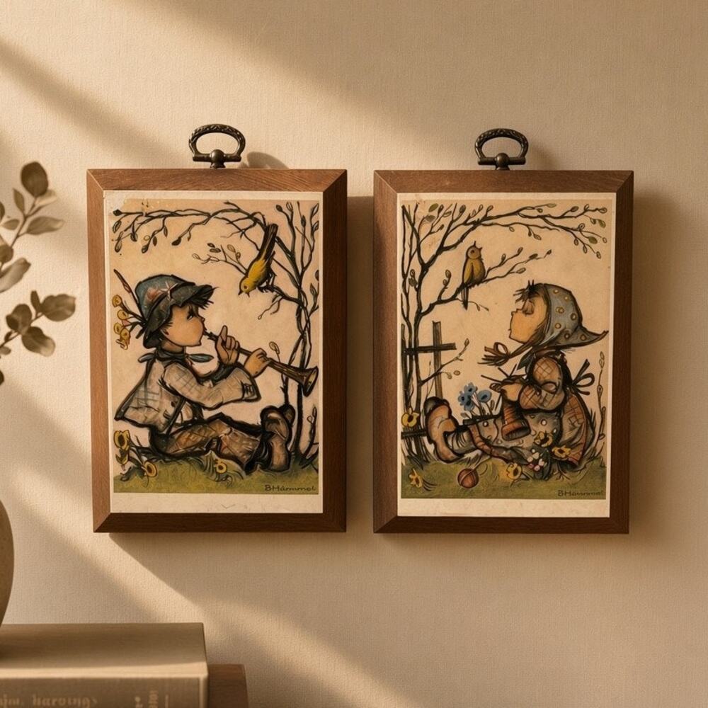 Vintage 1981 Hummel Prints on Wood Plaques Boy Girl Birds Set Wall Art Set of 2
